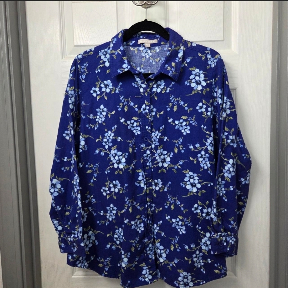 Blue floral Cotton button-up shirt floral shirt cottagcore Western Vacay  14/16